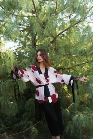 Silk Orchid-Print Kimono with Fringe